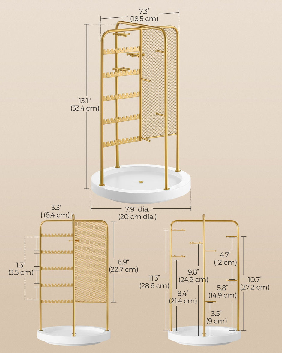 Rotating Jewellery Stand – Metal – Champagne Gold – 4 Independent Sections with Bottom Tray
