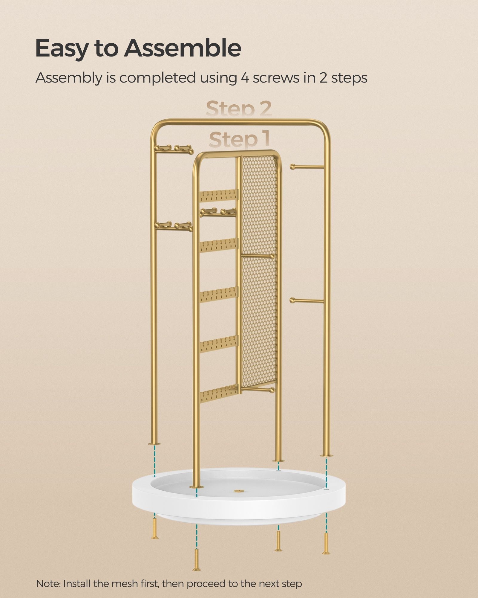 Rotating Jewellery Stand – Metal – Champagne Gold – 4 Independent Sections with Bottom Tray