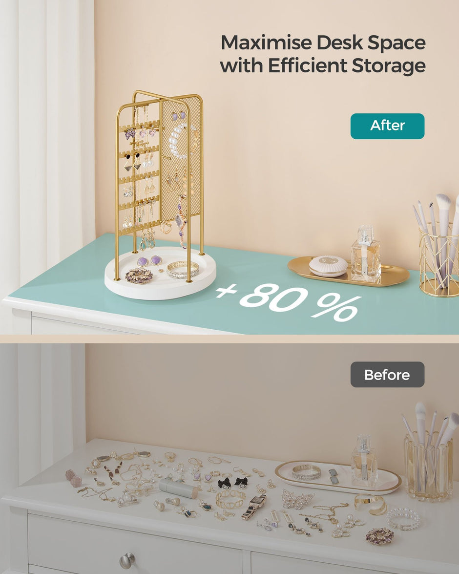 Rotating Jewellery Stand – Metal – Champagne Gold – 4 Independent Sections with Bottom Tray