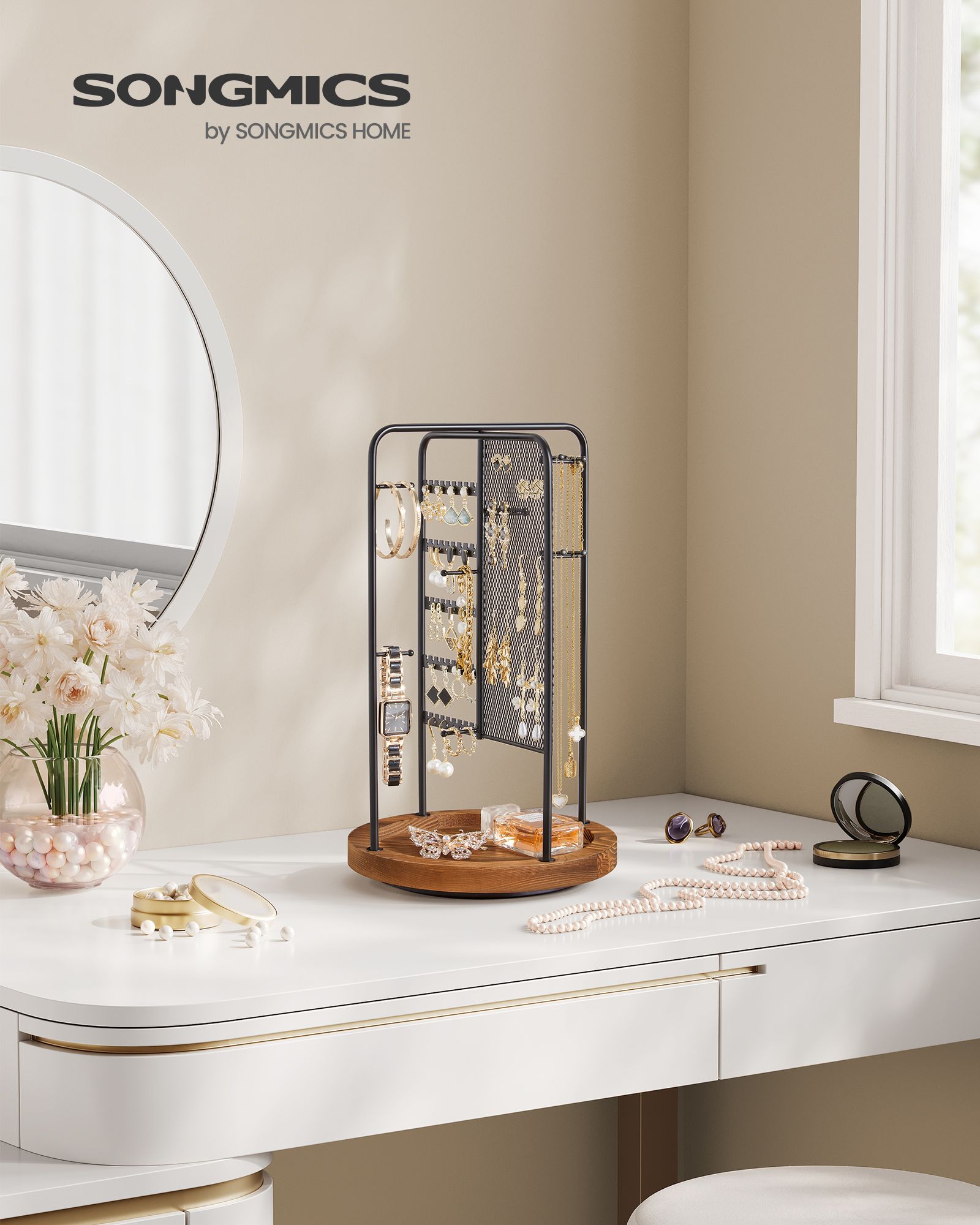 Rotating Jewellery Stand – Metal – Ink Black – 4 Independent Sections with Bottom Tray