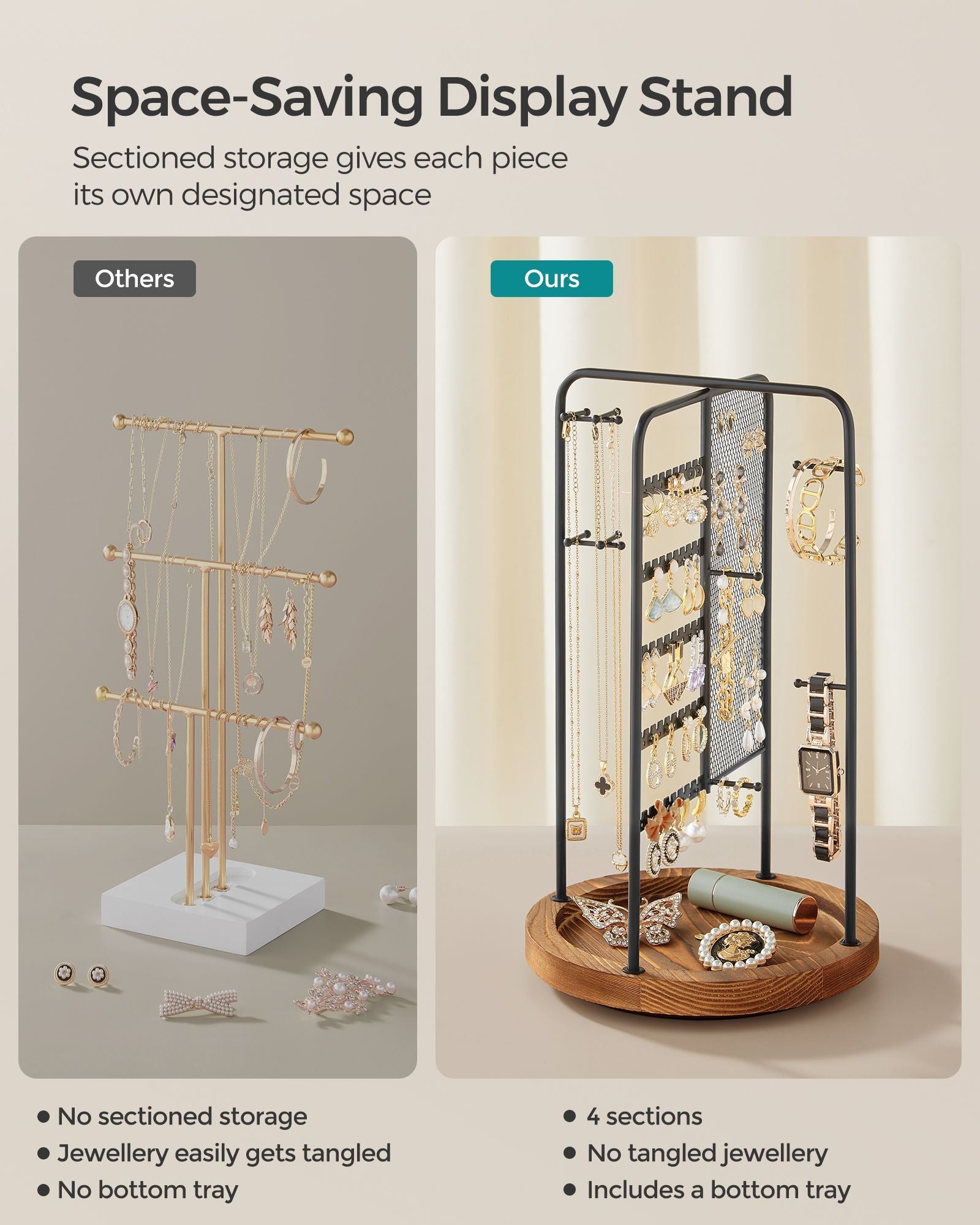 Rotating Jewellery Stand – Metal – Ink Black – 4 Independent Sections with Bottom Tray