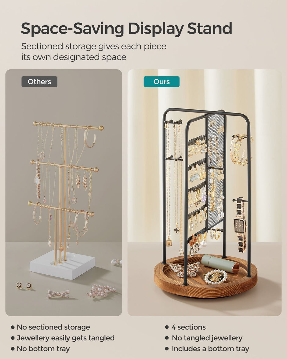 Rotating Jewellery Stand – Metal – Ink Black – 4 Independent Sections with Bottom Tray