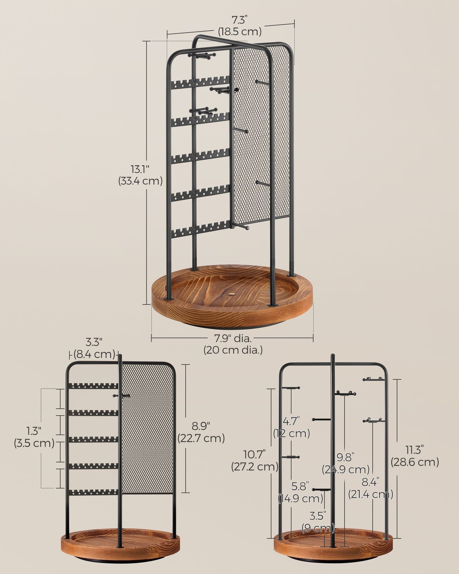 Rotating Jewellery Stand – Metal – Ink Black – 4 Independent Sections with Bottom Tray