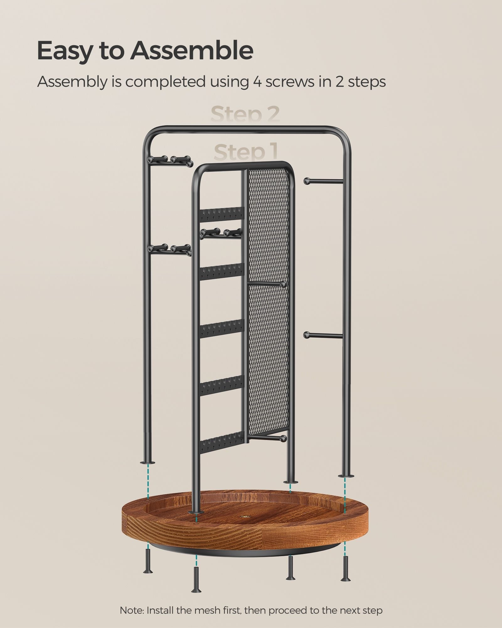 Rotating Jewellery Stand – Metal – Ink Black – 4 Independent Sections with Bottom Tray