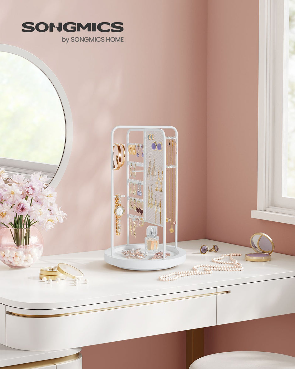 Rotating Jewellery Stand – Metal – Cloud White – 4 Independent Sections with Bottom Tray