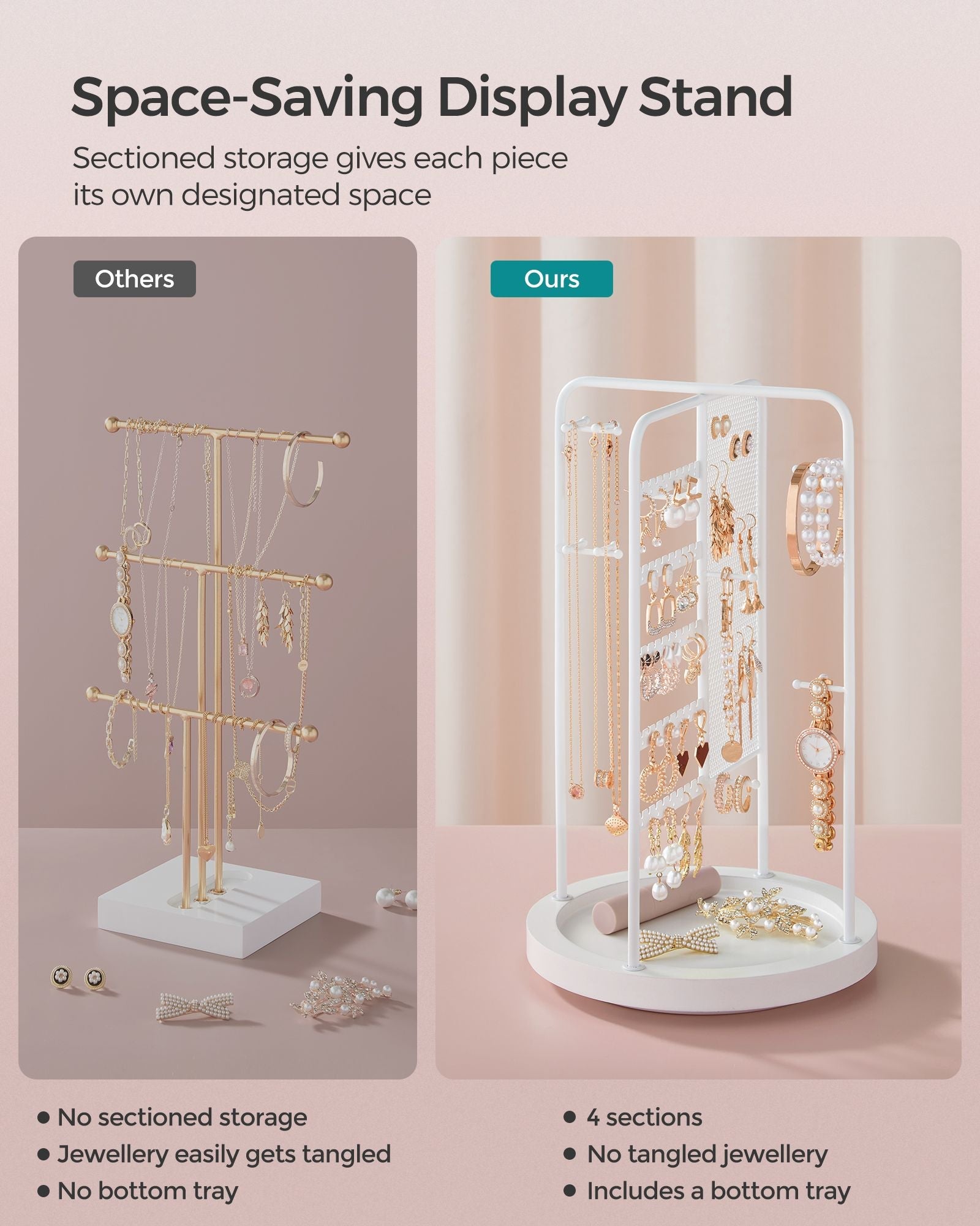 Rotating Jewellery Stand – Metal – Cloud White – 4 Independent Sections with Bottom Tray