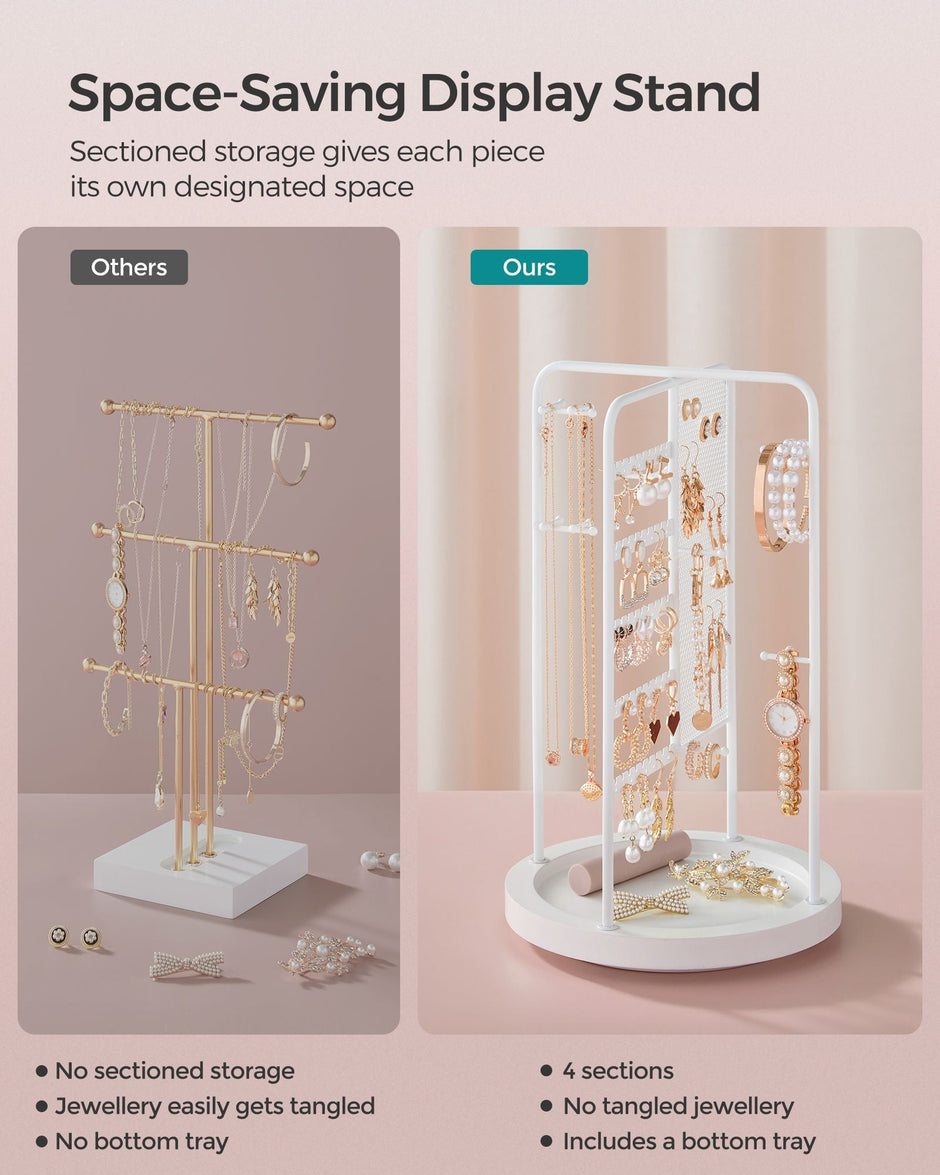 Rotating Jewellery Stand – Metal – Cloud White – 4 Independent Sections with Bottom Tray