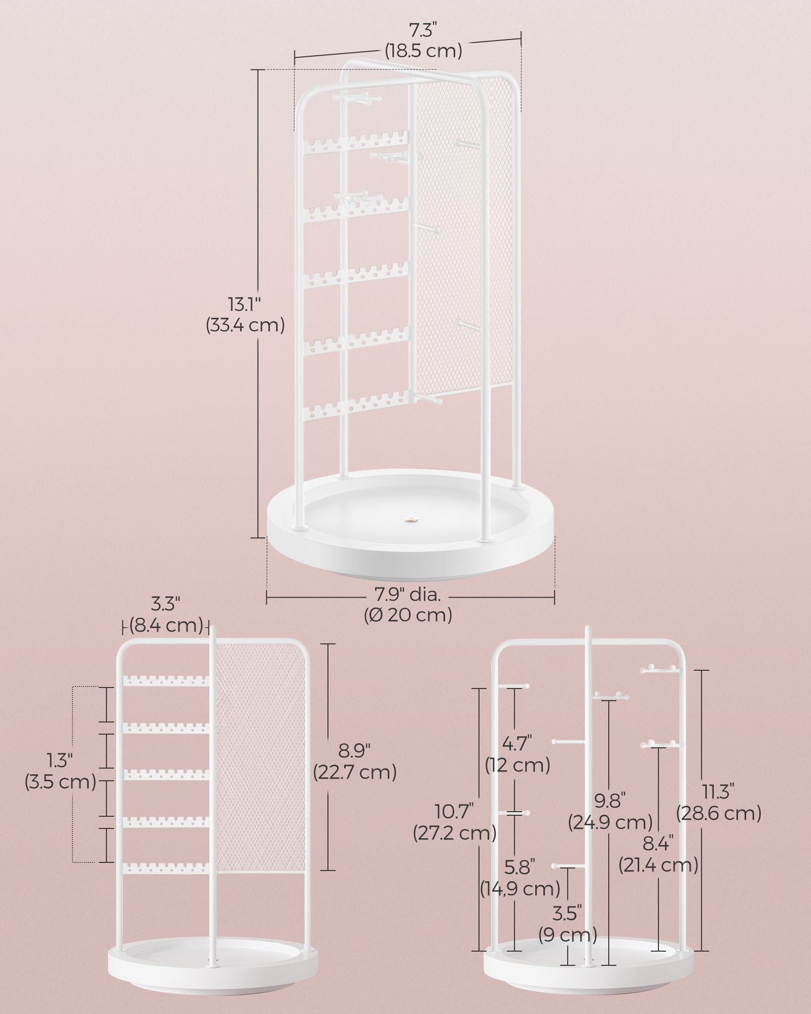 Rotating Jewellery Stand – Metal – Cloud White – 4 Independent Sections with Bottom Tray