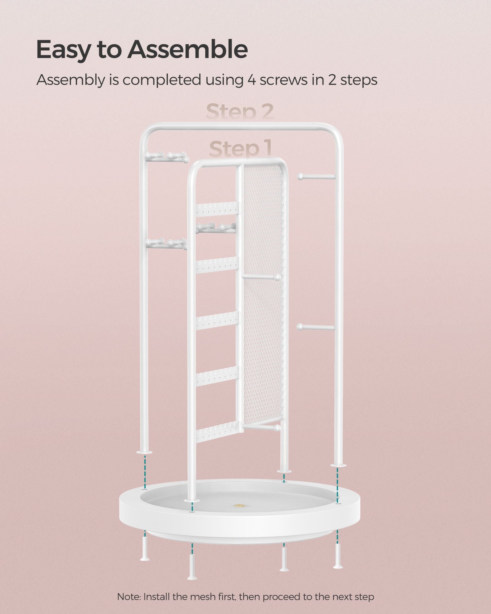 Rotating Jewellery Stand – Metal – Cloud White – 4 Independent Sections with Bottom Tray