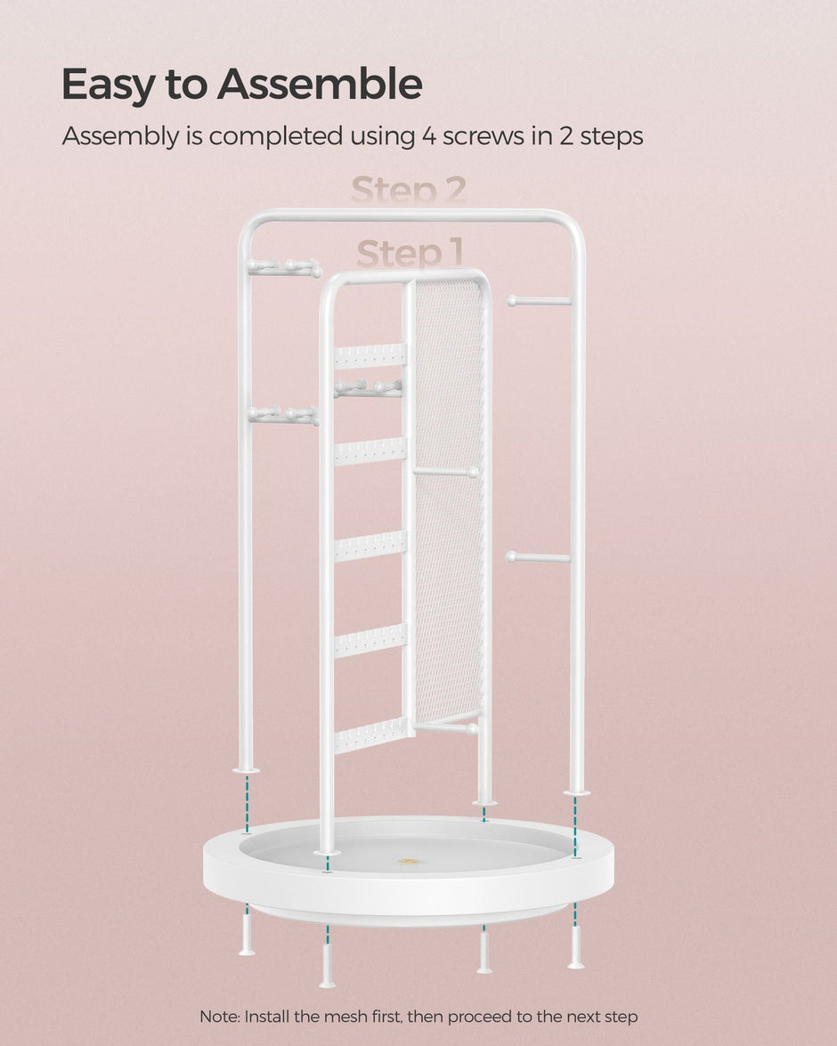 Rotating Jewellery Stand – Metal – Cloud White – 4 Independent Sections with Bottom Tray