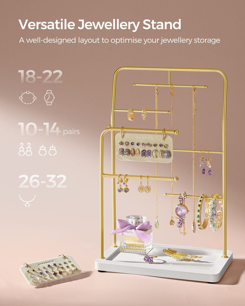 Jewellery Stand – Metal – Metallic Gold – 6 Hanging Rods and Earring Boards