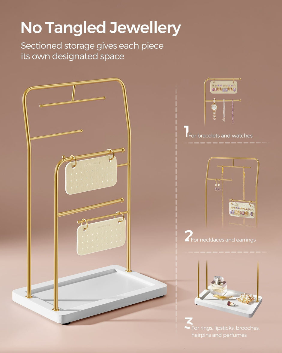 Jewellery Stand – Metal – Metallic Gold – 6 Hanging Rods and Earring Boards