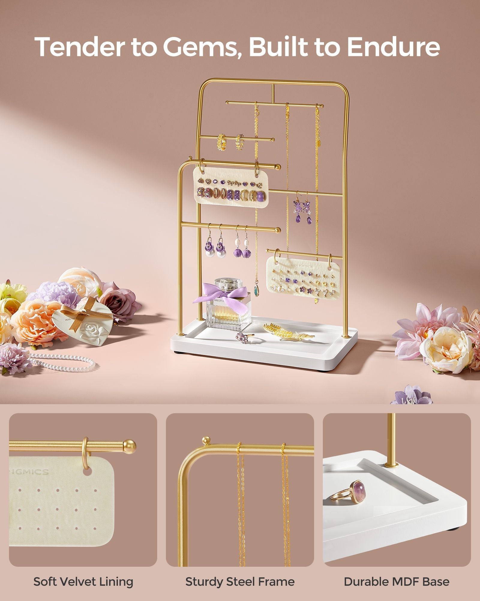 Jewellery Stand – Metal – Metallic Gold – 6 Hanging Rods and Earring Boards