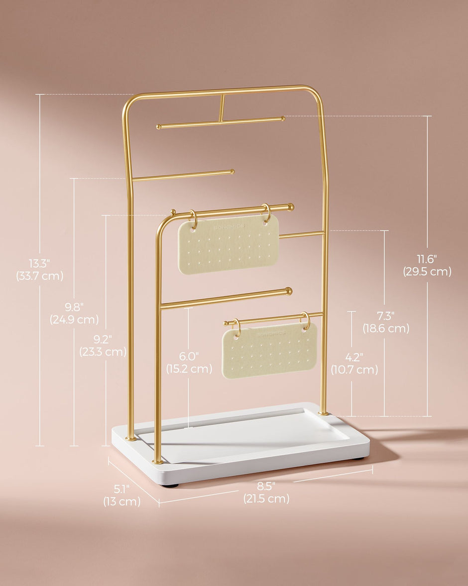 Jewellery Stand – Metal – Metallic Gold – 6 Hanging Rods and Earring Boards