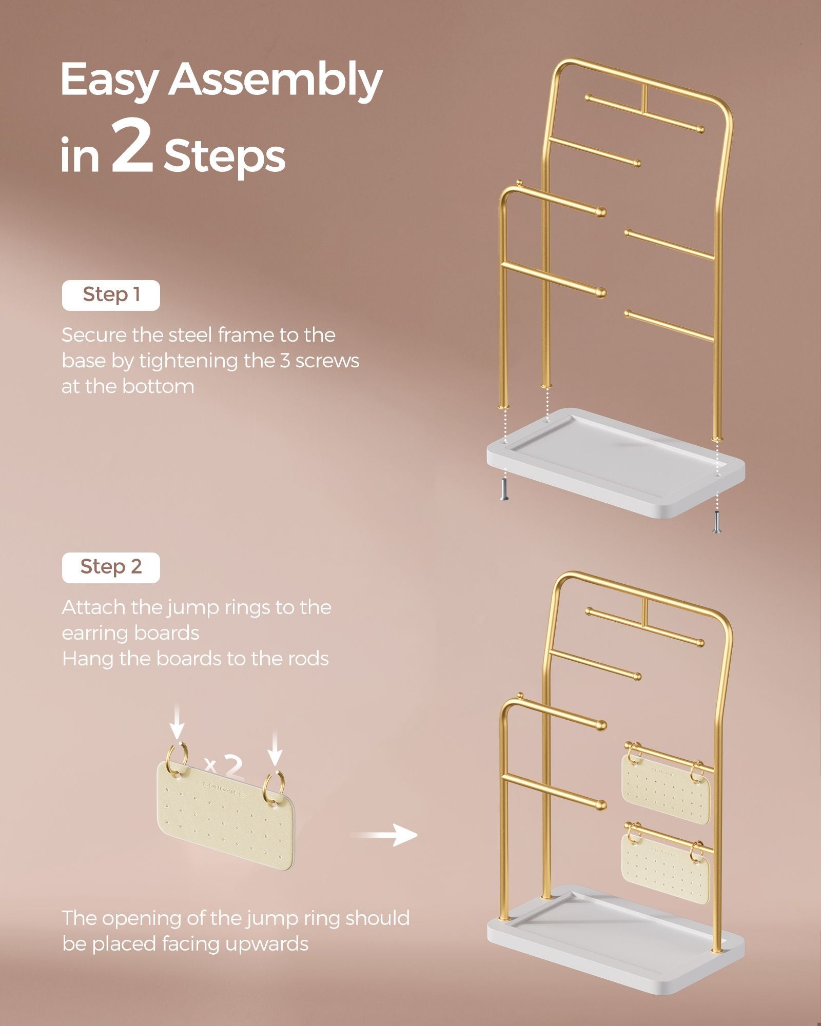 Jewellery Stand – Metal – Metallic Gold – 6 Hanging Rods and Earring Boards
