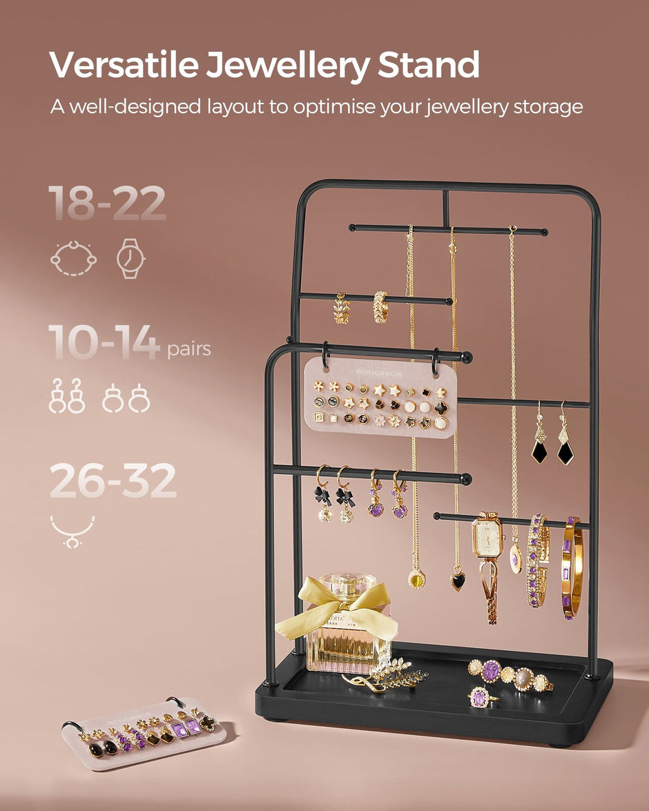 Jewellery Stand – Metal – Ink Black – 6 Hanging Rods and 2 Earring Boards