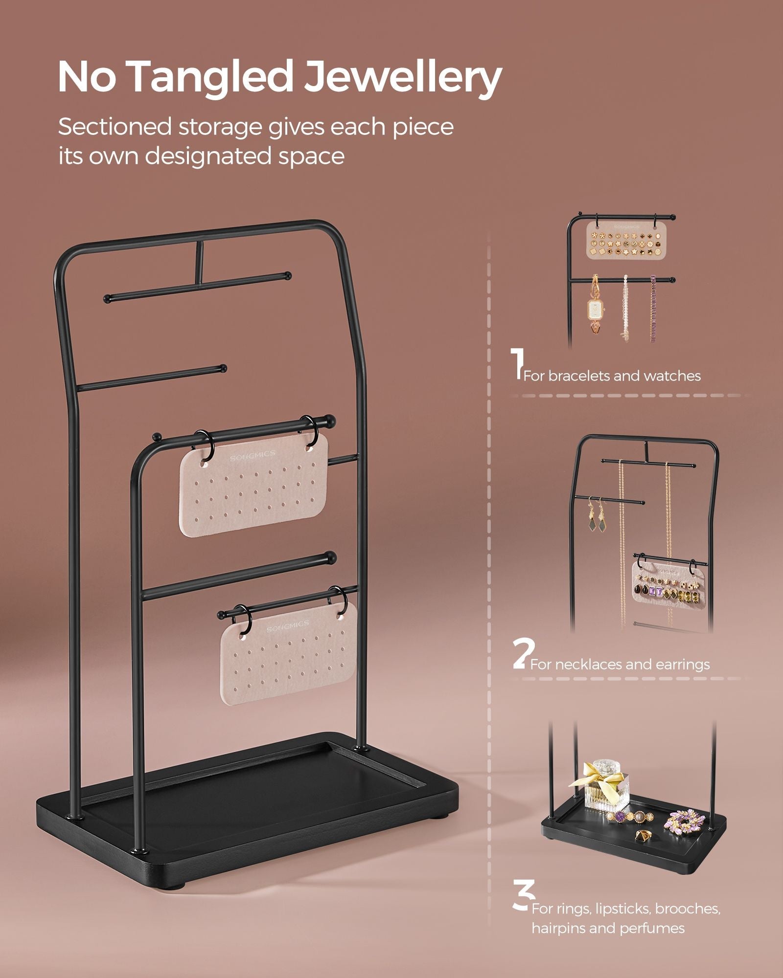 Jewellery Stand – Metal – Ink Black – 6 Hanging Rods and 2 Earring Boards