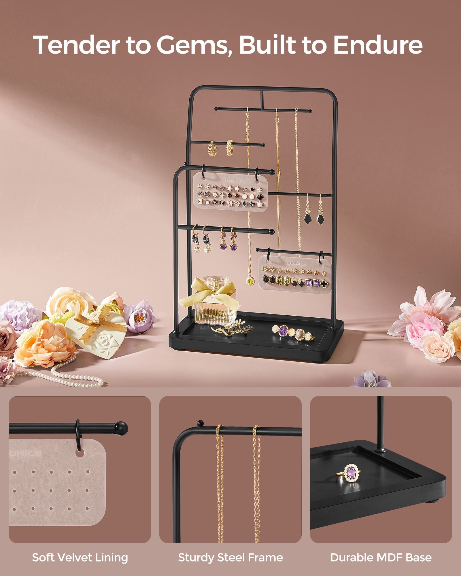 Jewellery Stand – Metal – Ink Black – 6 Hanging Rods and 2 Earring Boards