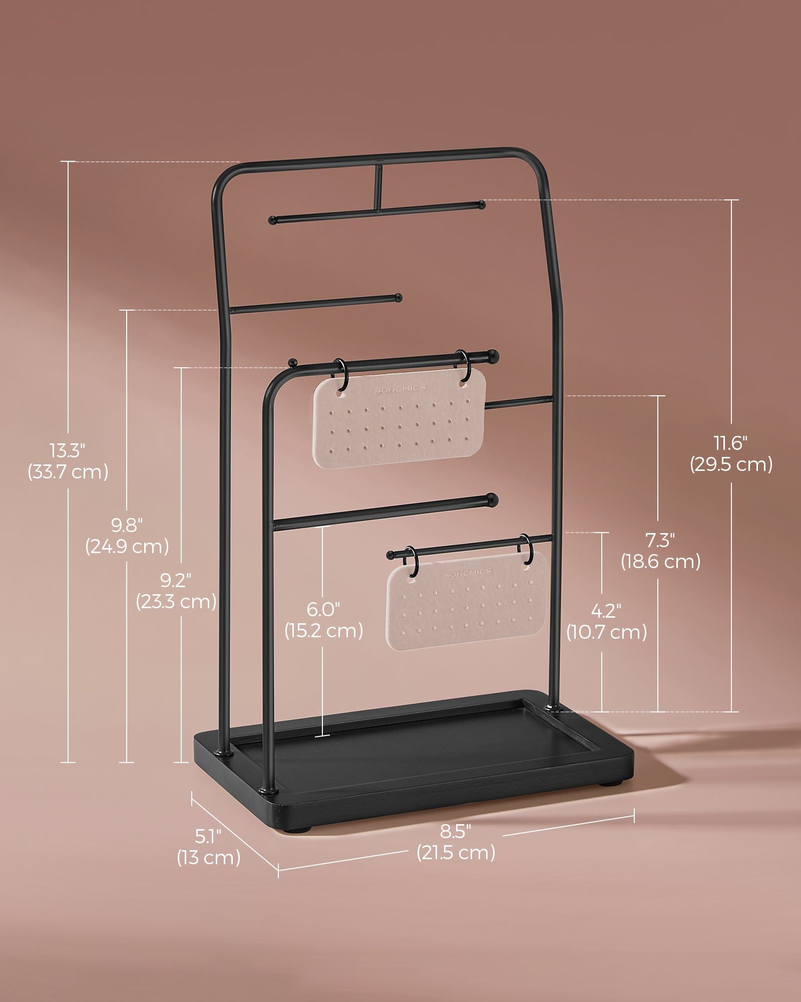 Jewellery Stand – Metal – Ink Black – 6 Hanging Rods and 2 Earring Boards
