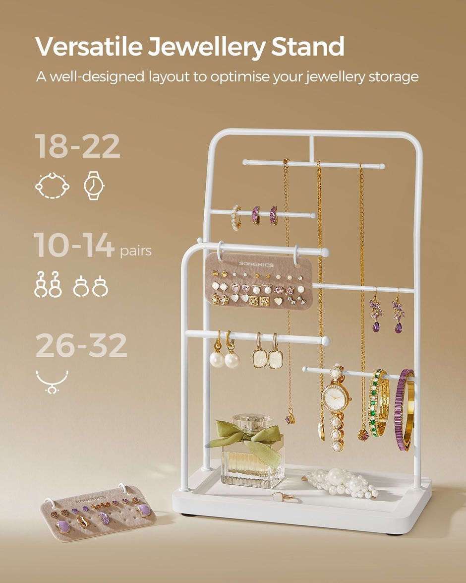 Jewellery Stand – Metal – Cloud White – 6 Hanging Rods and 2 Earring Boards