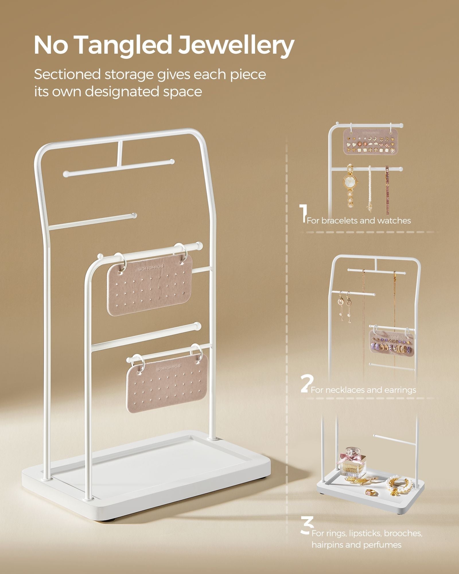 Jewellery Stand – Metal – Cloud White – 6 Hanging Rods and 2 Earring Boards