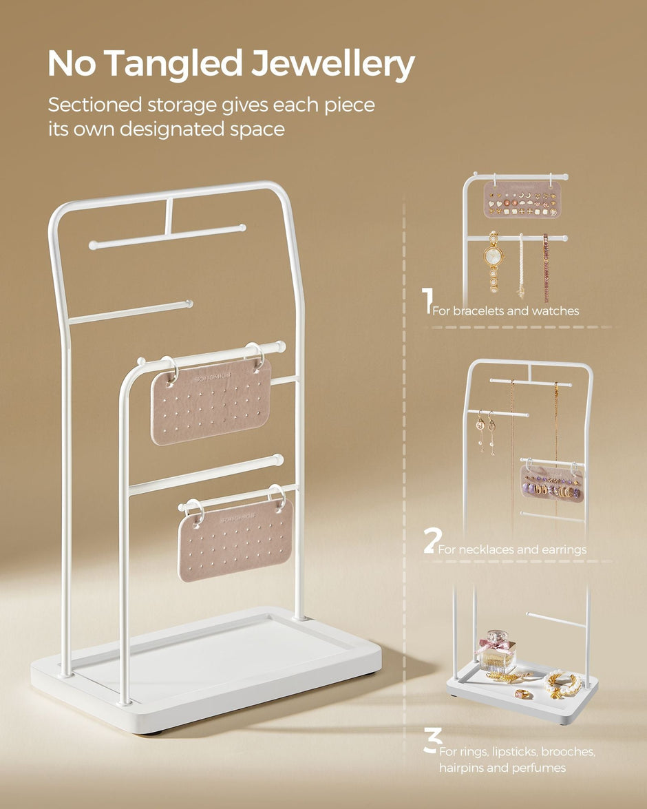 Jewellery Stand – Metal – Cloud White – 6 Hanging Rods and 2 Earring Boards