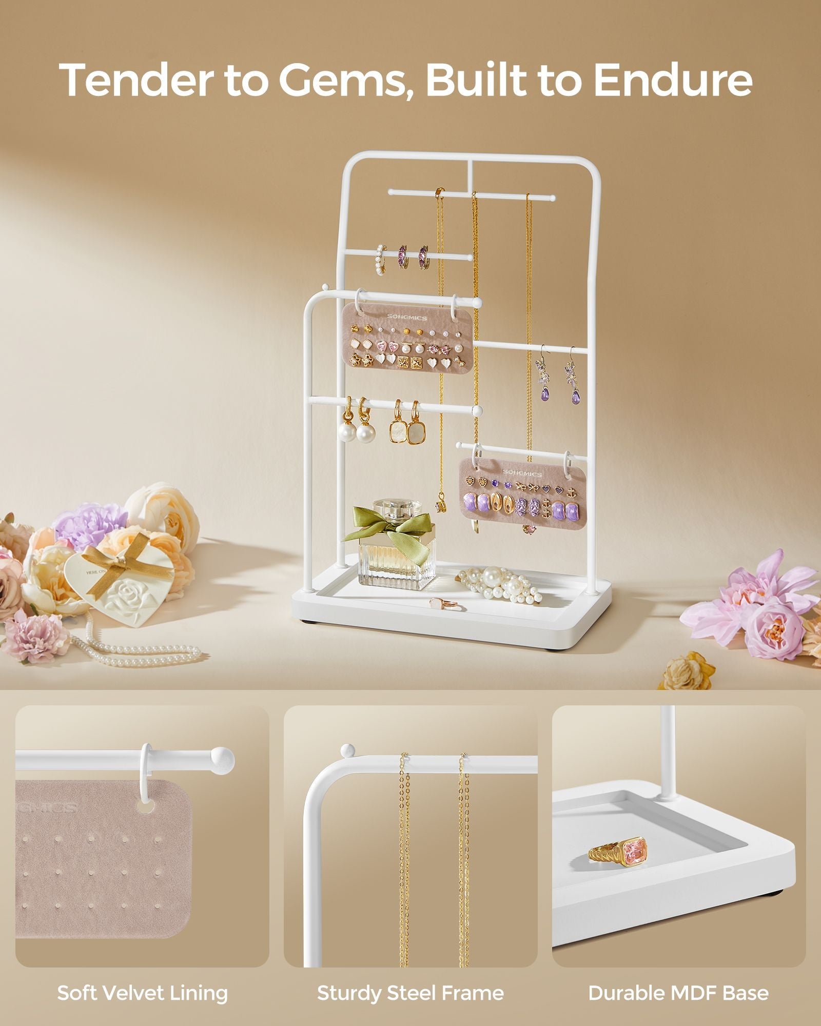 Jewellery Stand – Metal – Cloud White – 6 Hanging Rods and 2 Earring Boards