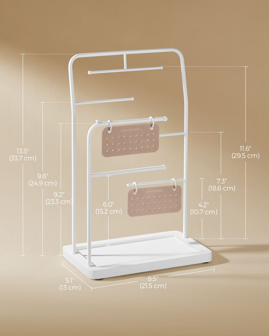 Jewellery Stand – Metal – Cloud White – 6 Hanging Rods and 2 Earring Boards