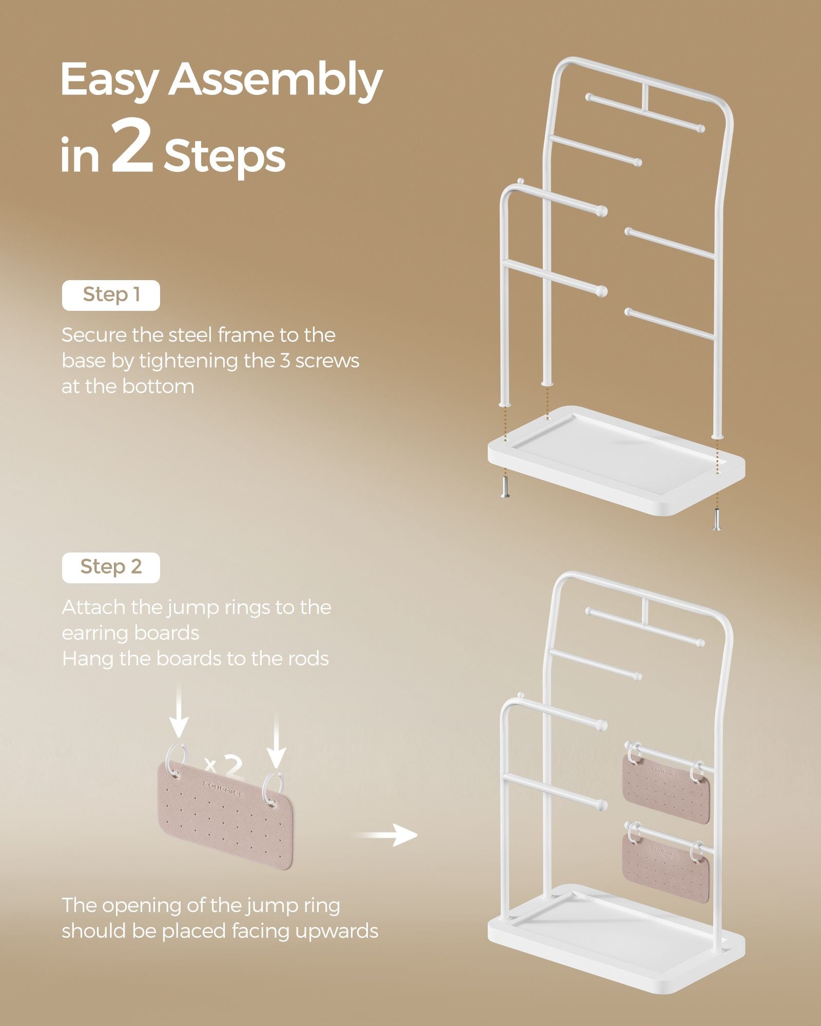 Jewellery Stand – Metal – Cloud White – 6 Hanging Rods and 2 Earring Boards