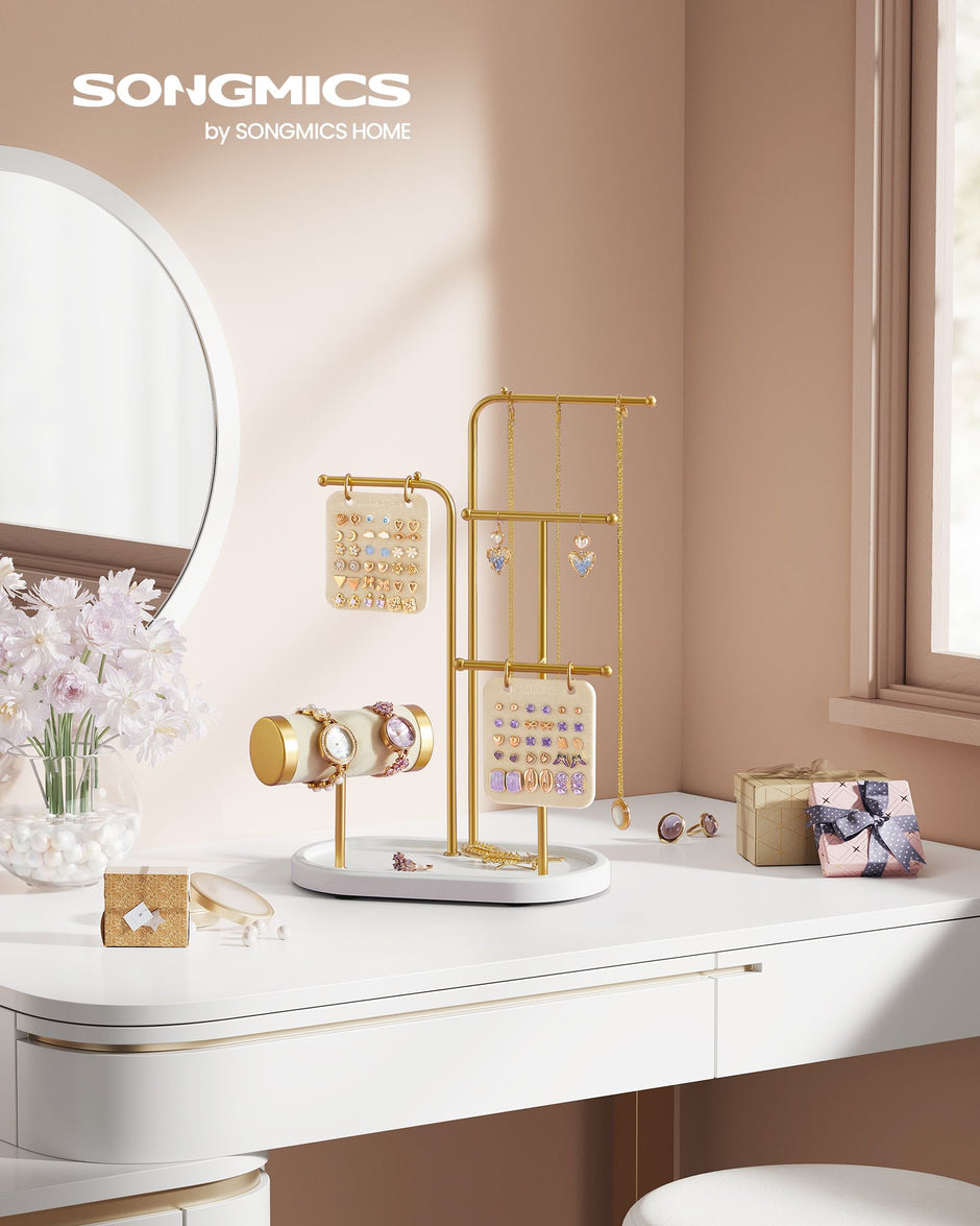 Jewellery Stand – Metal – Metallic Gold – Organiser with 4 Hanging Rods and 2 Earring Boards