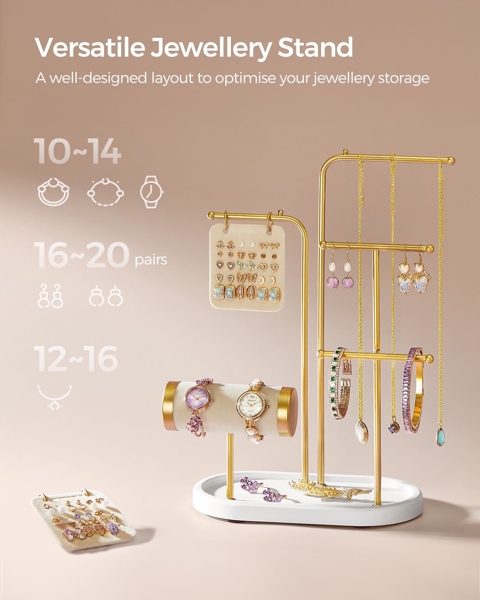 Jewellery Stand – Metal – Metallic Gold – Organiser with 4 Hanging Rods and 2 Earring Boards