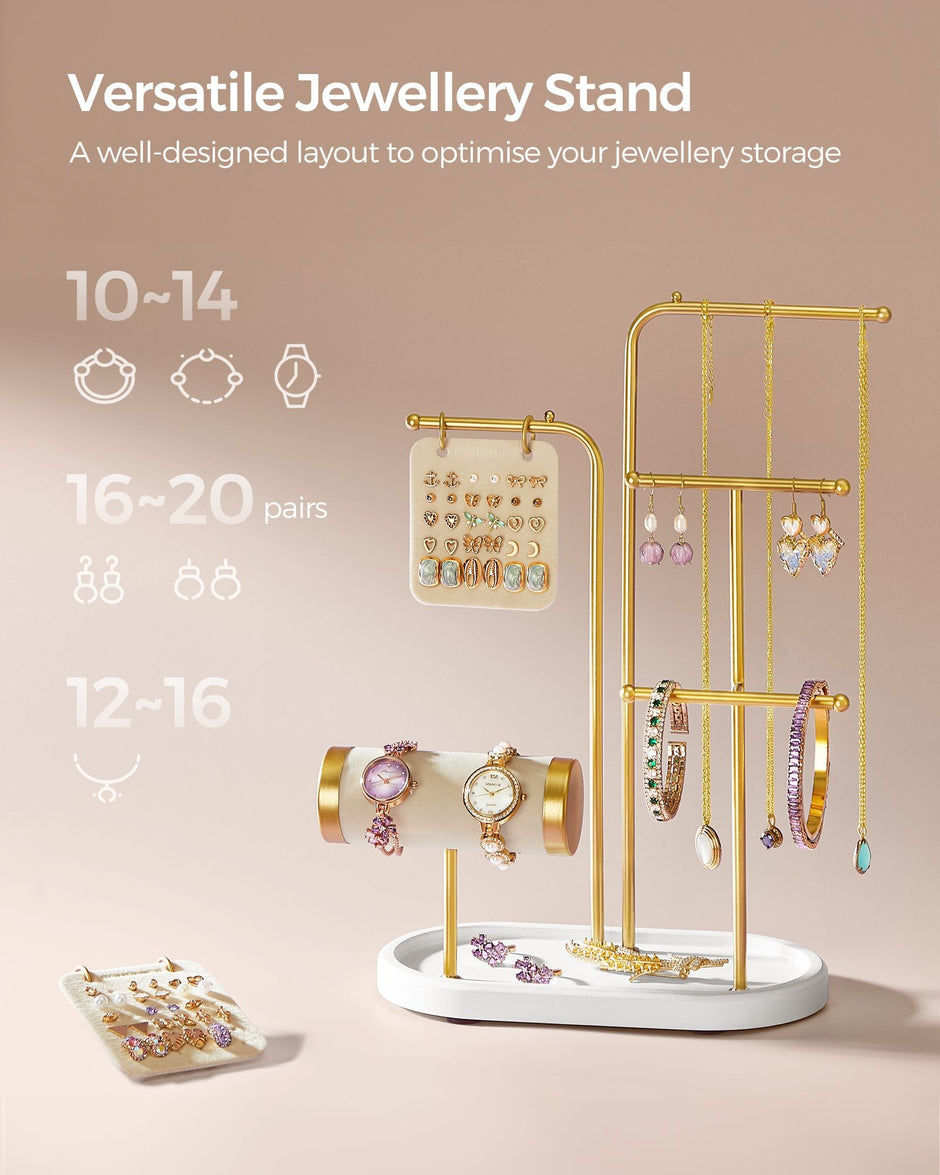Jewellery Stand – Metal – Metallic Gold – Organiser with 4 Hanging Rods and 2 Earring Boards