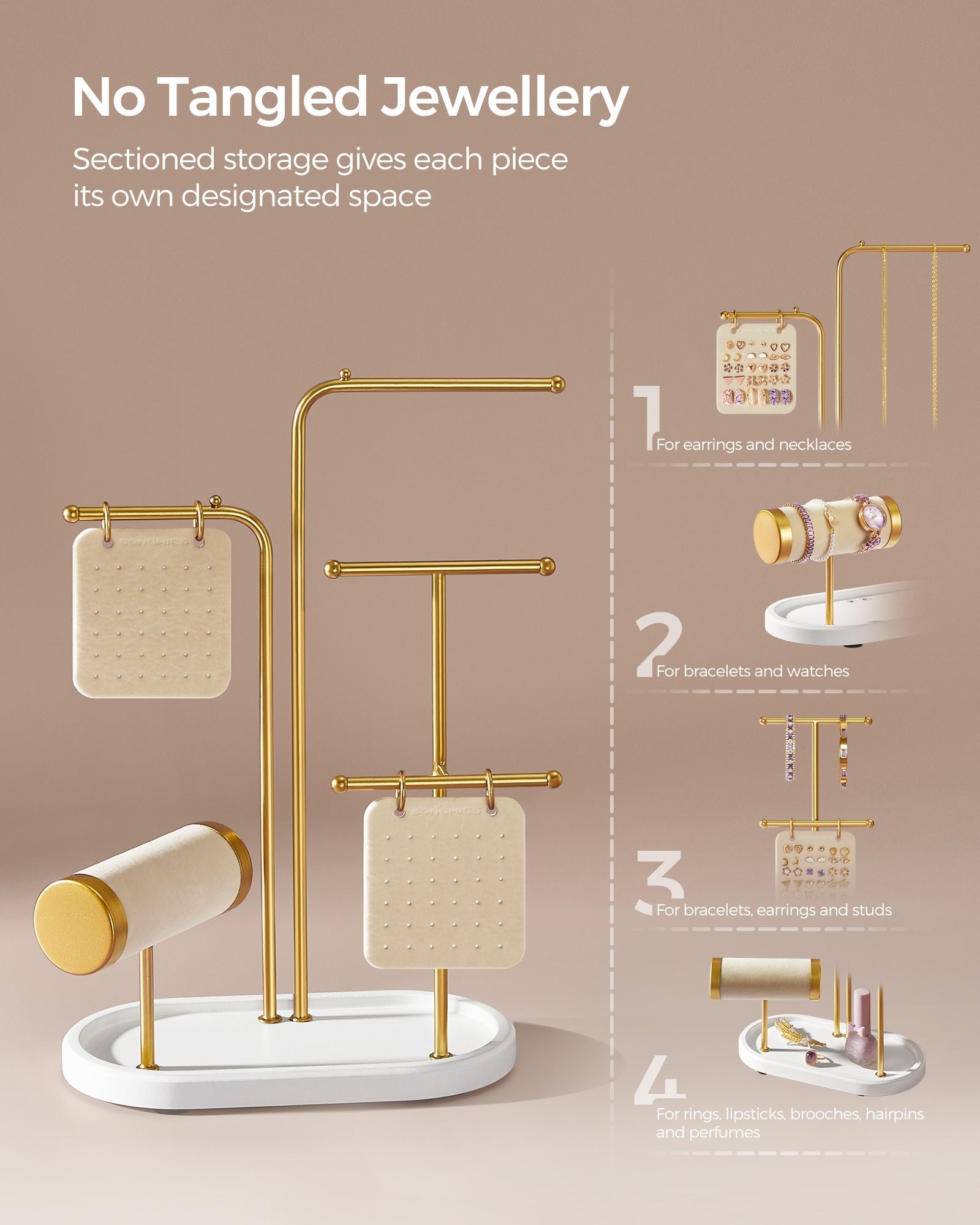 Jewellery Stand – Metal – Metallic Gold – Organiser with 4 Hanging Rods and 2 Earring Boards