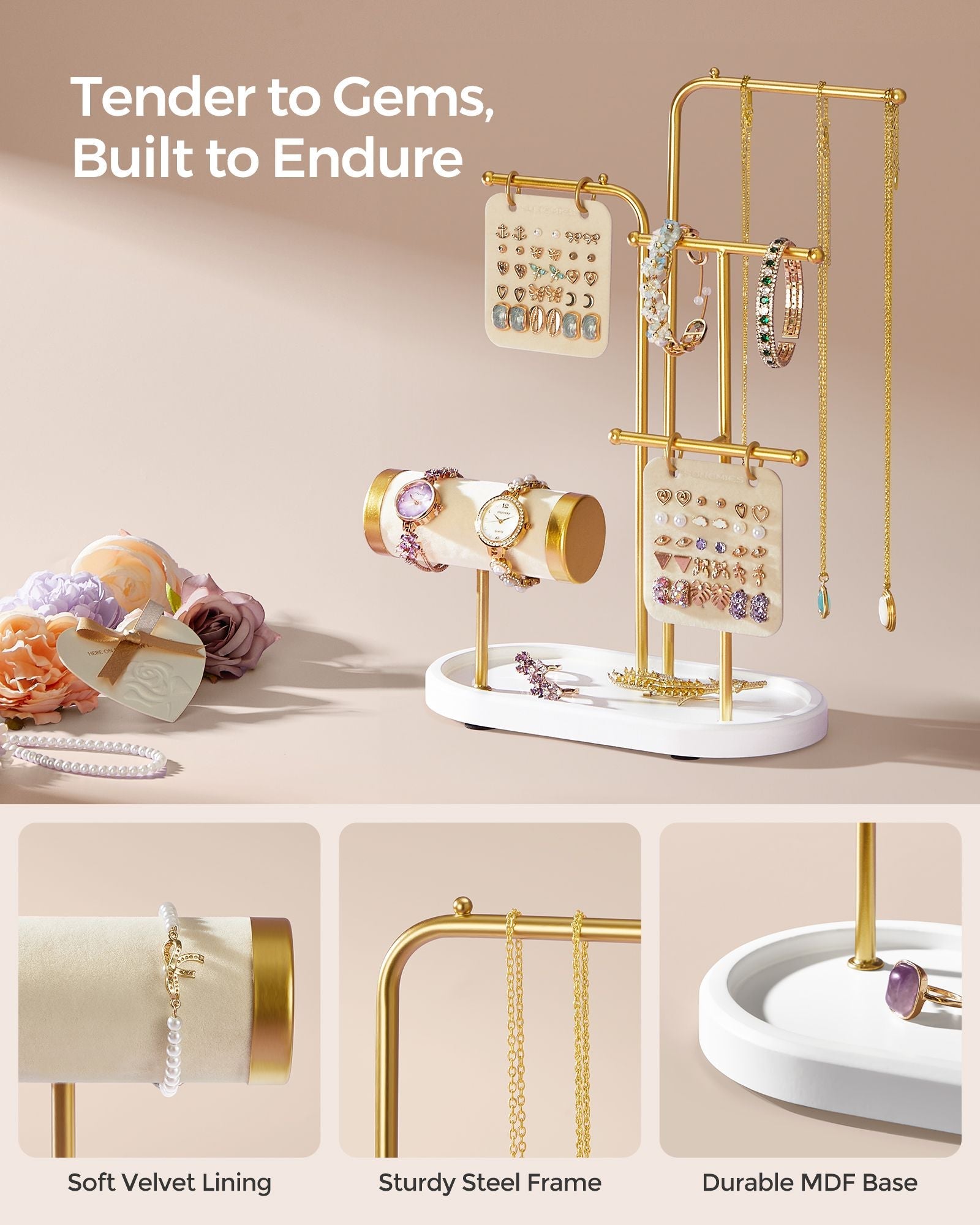 Jewellery Stand – Metal – Metallic Gold – Organiser with 4 Hanging Rods and 2 Earring Boards