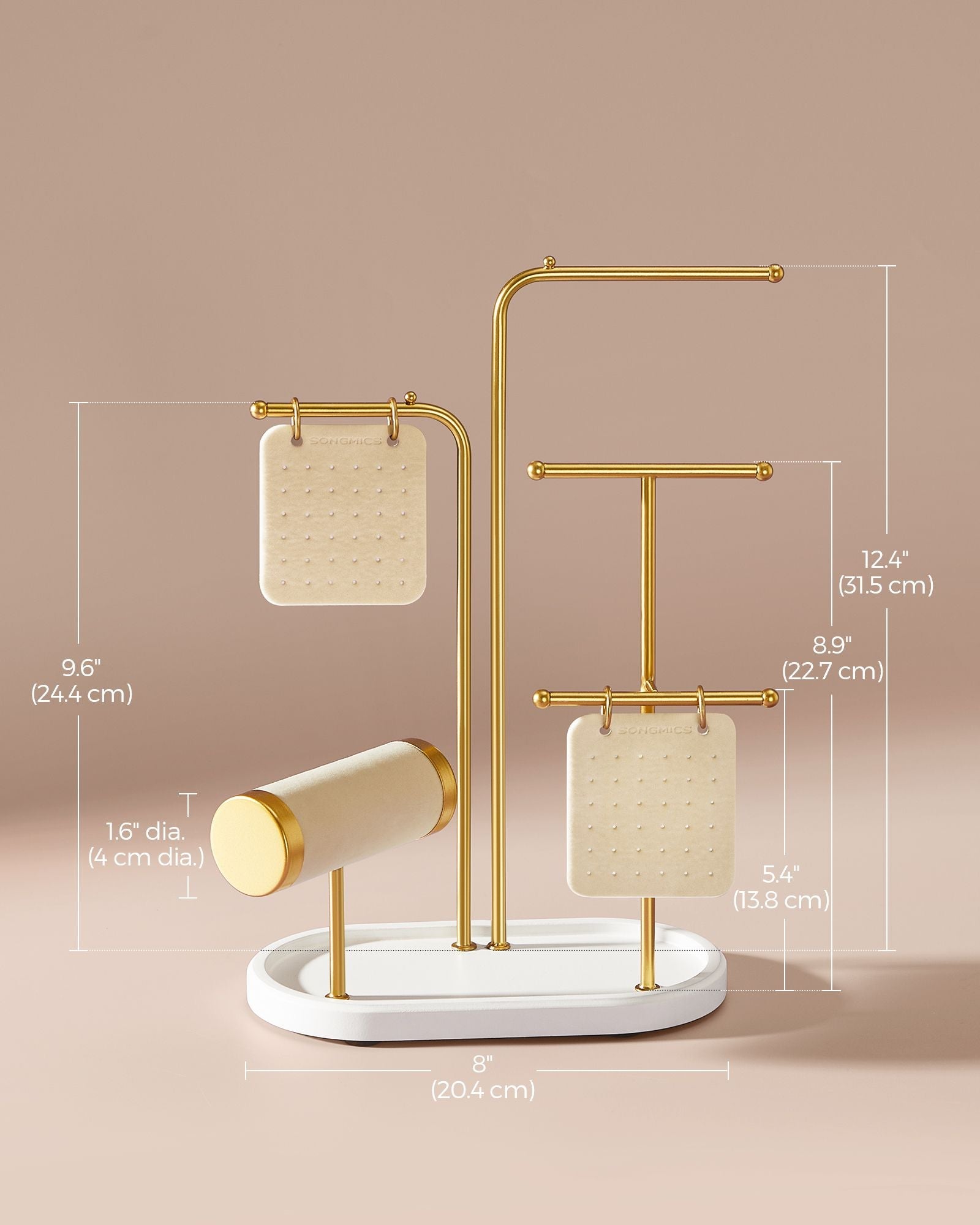 Jewellery Stand – Metal – Metallic Gold – Organiser with 4 Hanging Rods and 2 Earring Boards