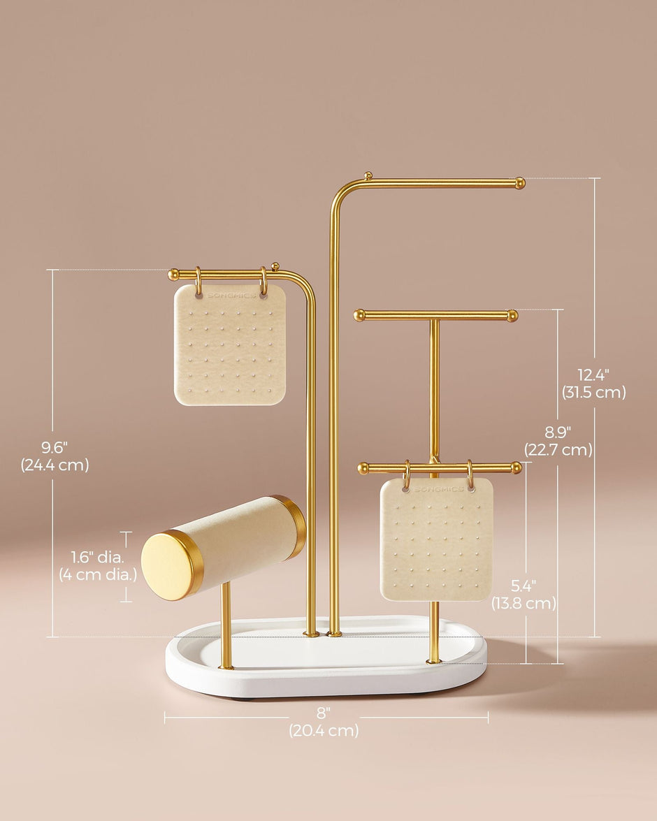 Jewellery Stand – Metal – Metallic Gold – Organiser with 4 Hanging Rods and 2 Earring Boards