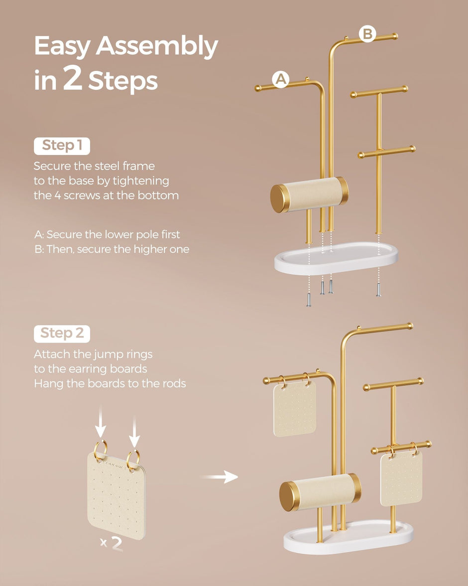 Jewellery Stand – Metal – Metallic Gold – Organiser with 4 Hanging Rods and 2 Earring Boards