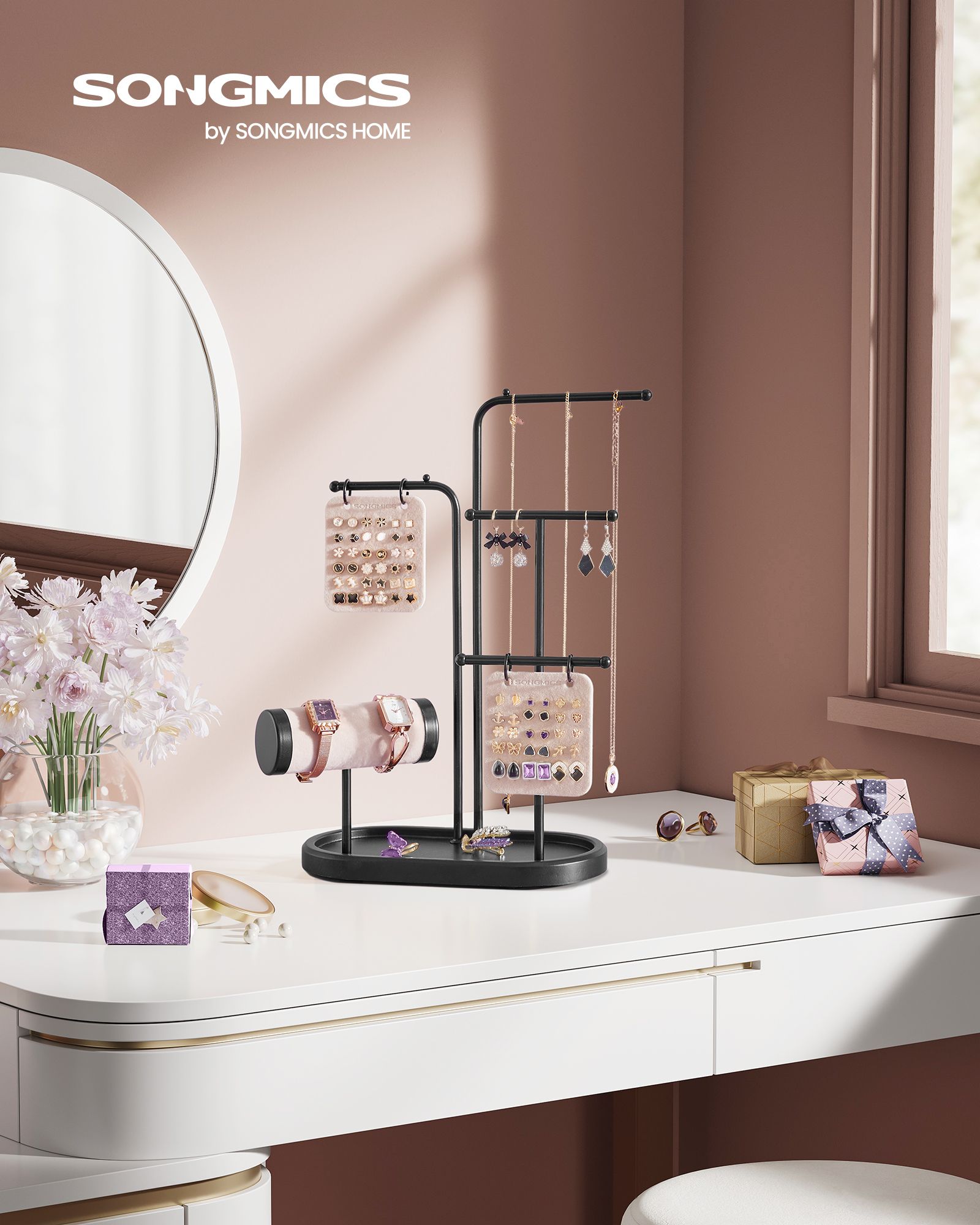 Jewellery Stand – Metal – Ink Black – 4 Hanging Rods with Earring Boards
