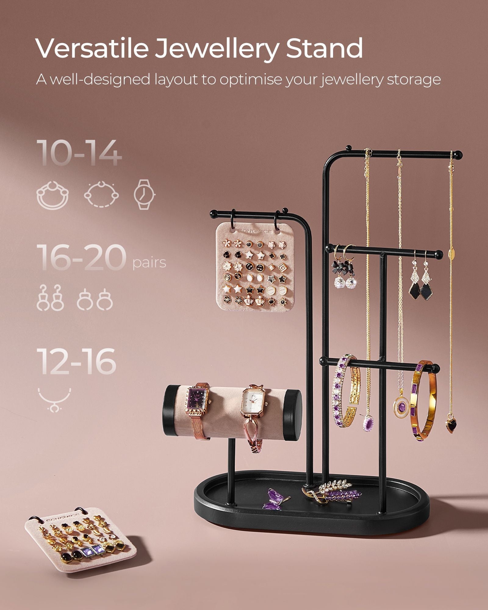 Jewellery Stand – Metal – Ink Black – 4 Hanging Rods with Earring Boards