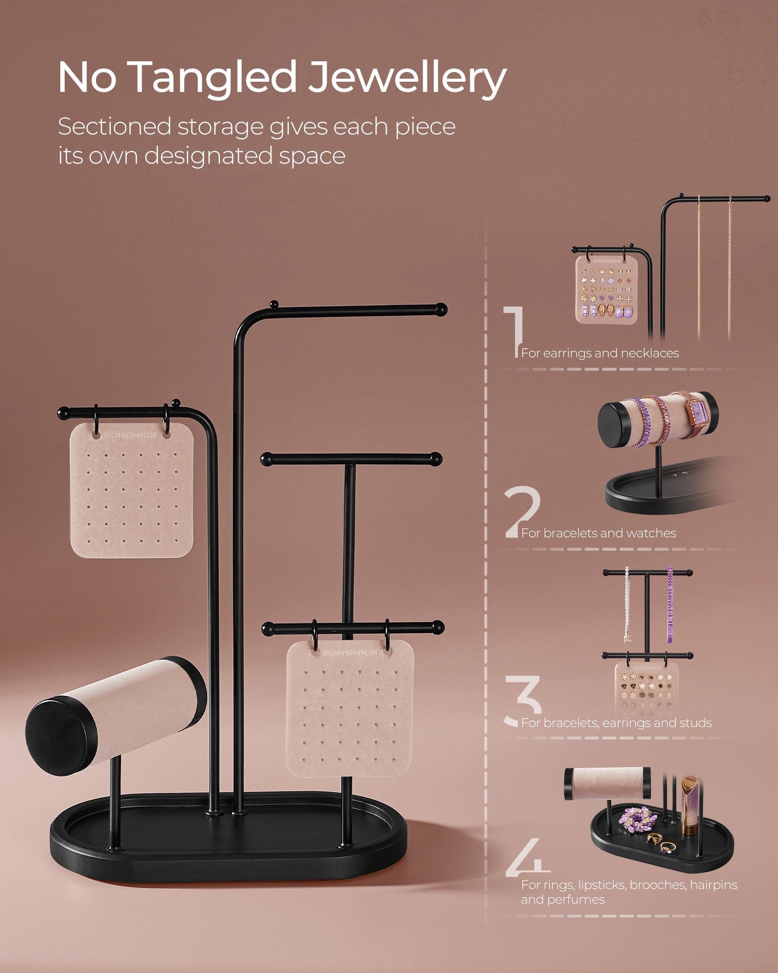 Jewellery Stand – Metal – Ink Black – 4 Hanging Rods with Earring Boards