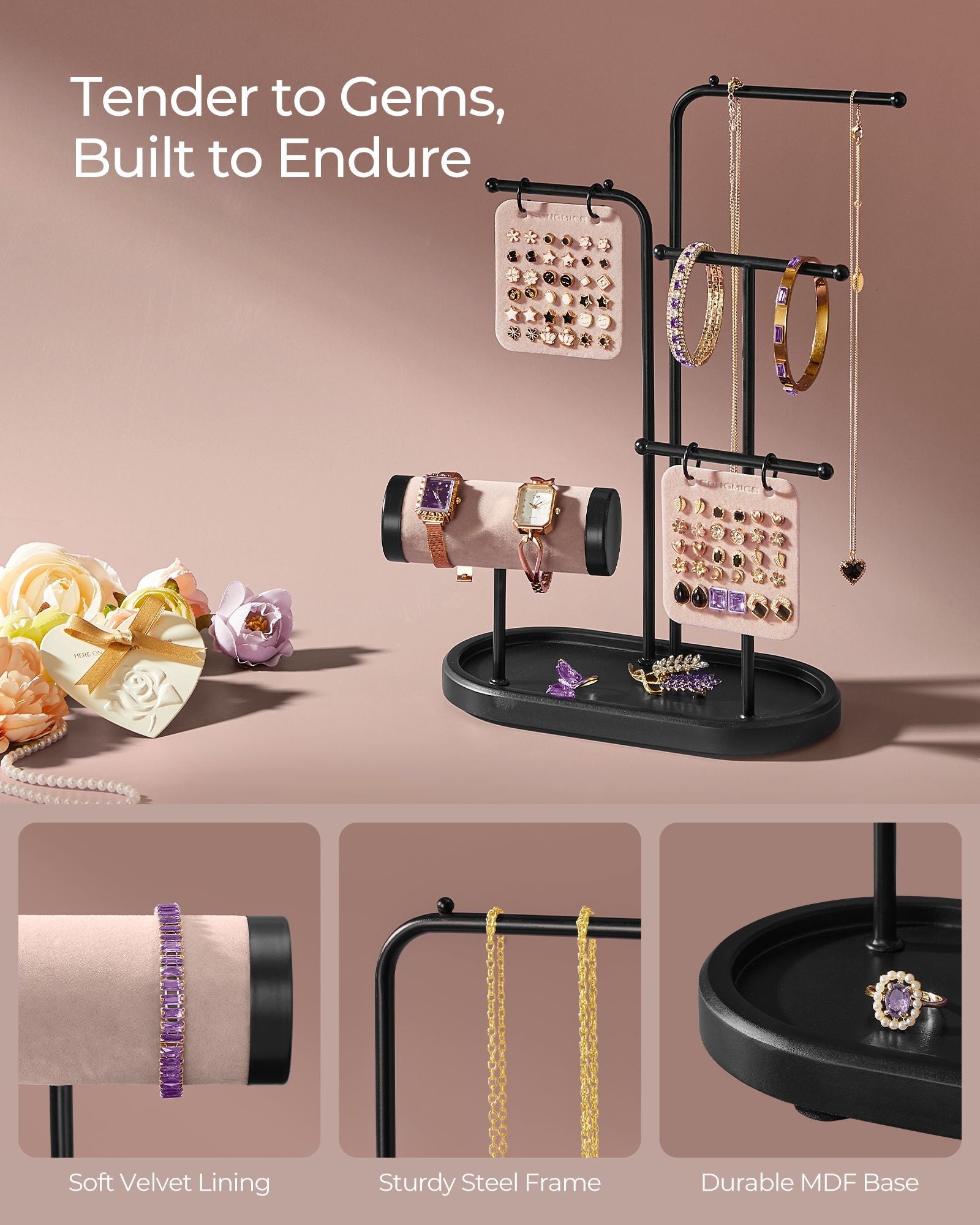 Jewellery Stand – Metal – Ink Black – 4 Hanging Rods with Earring Boards