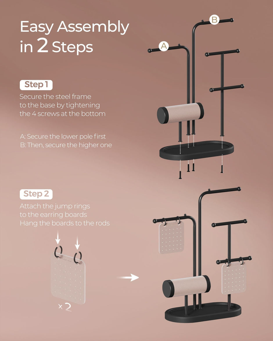Jewellery Stand – Metal – Ink Black – 4 Hanging Rods with Earring Boards