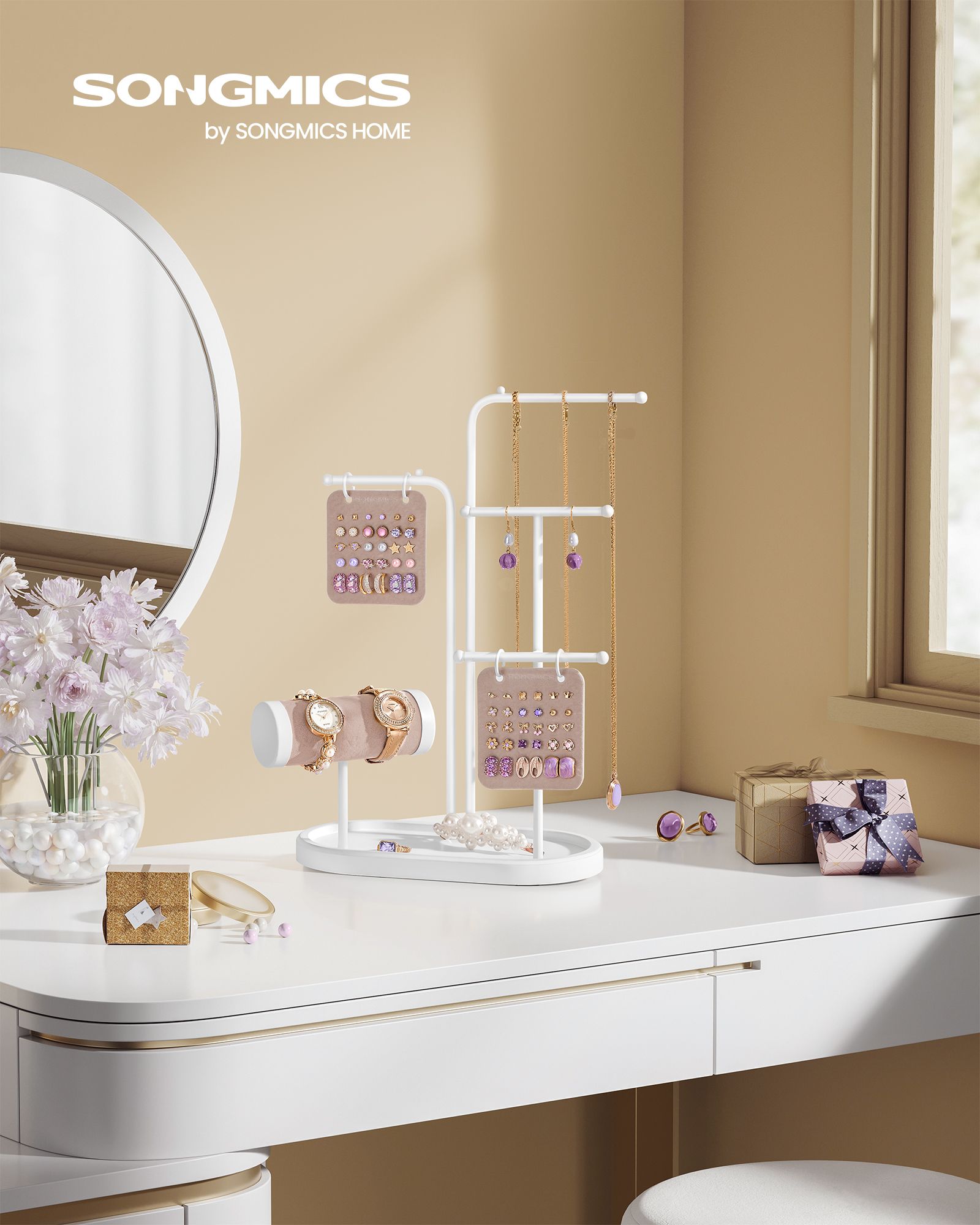Jewellery Stand – Metal – Cloud White – 4 Hanging Rods and 2 Earring Boards