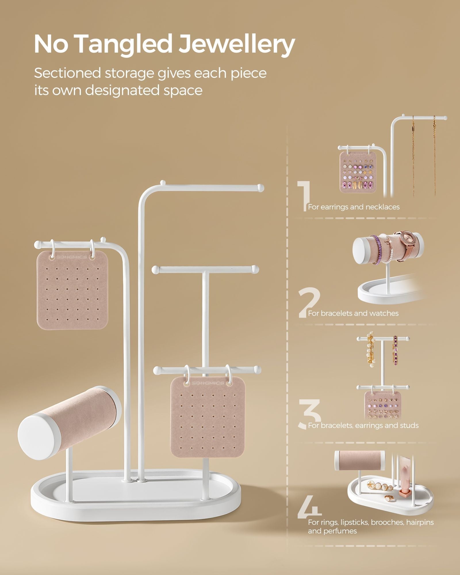 Jewellery Stand – Metal – Cloud White – 4 Hanging Rods and 2 Earring Boards