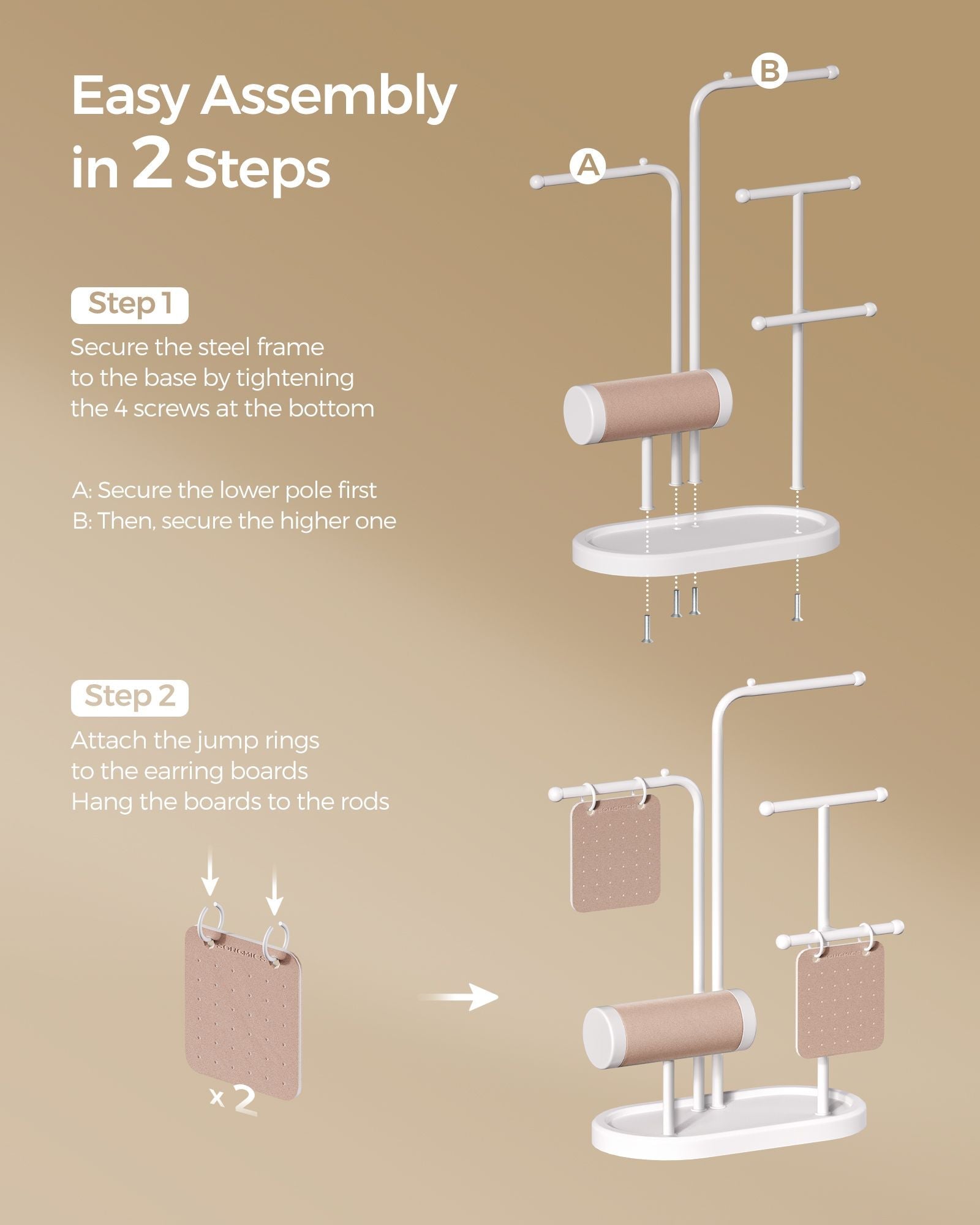 Jewellery Stand – Metal – Cloud White – 4 Hanging Rods and 2 Earring Boards