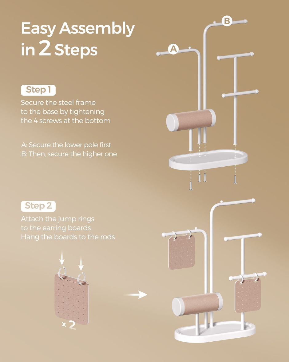 Jewellery Stand – Metal – Cloud White – 4 Hanging Rods and 2 Earring Boards