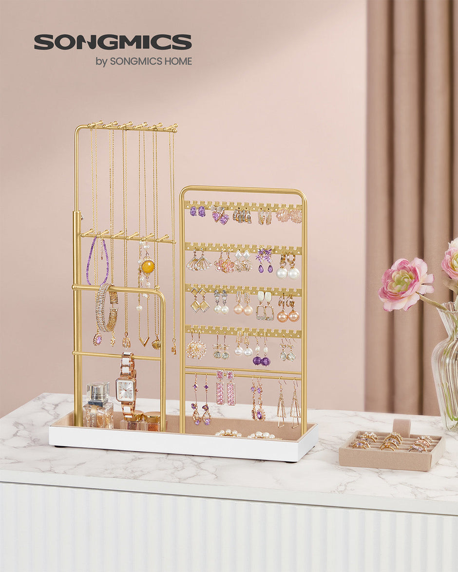 Jewellery Organiser – Metal Frame and Velvet – Matte White – Adjustable Height Necklace Holder