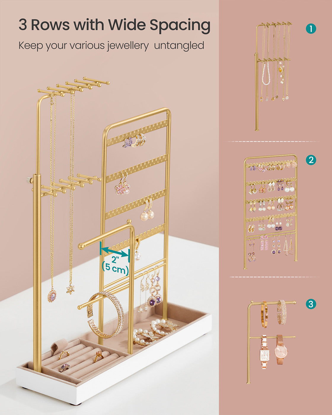 Jewellery Organiser – Metal Frame and Velvet – Matte White – Adjustable Height Necklace Holder
