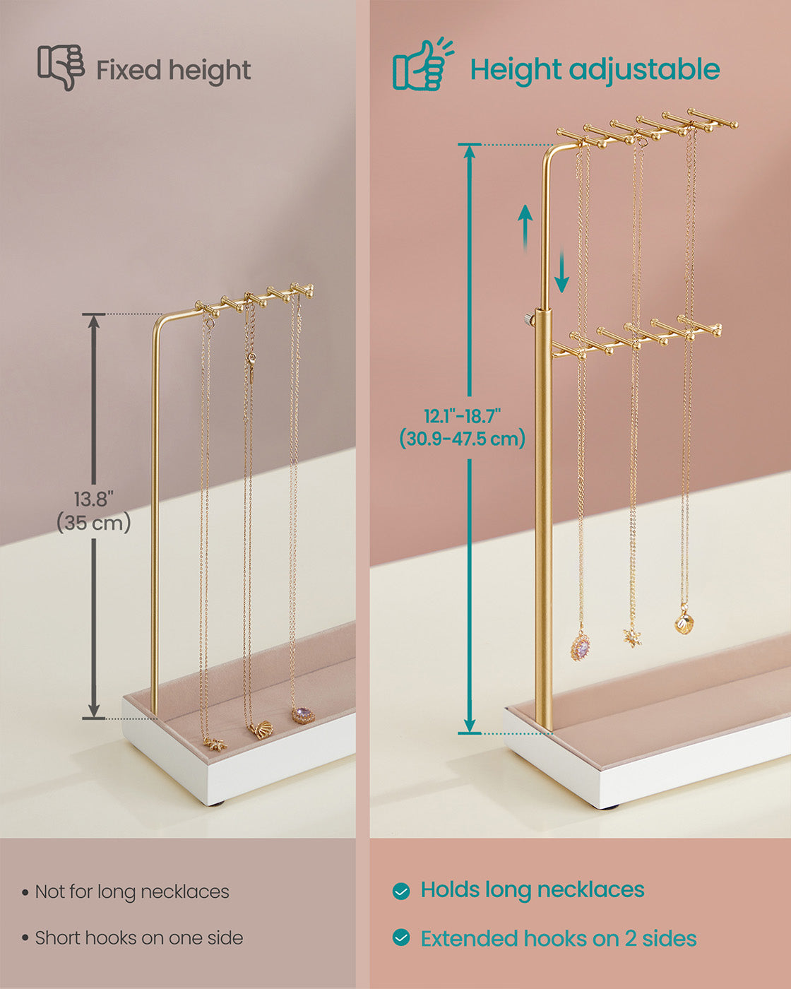 Jewellery Organiser – Metal Frame and Velvet – Matte White – Adjustable Height Necklace Holder