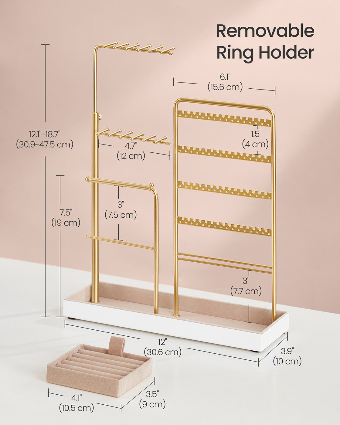 Jewellery Organiser – Metal Frame and Velvet – Matte White – Adjustable Height Necklace Holder